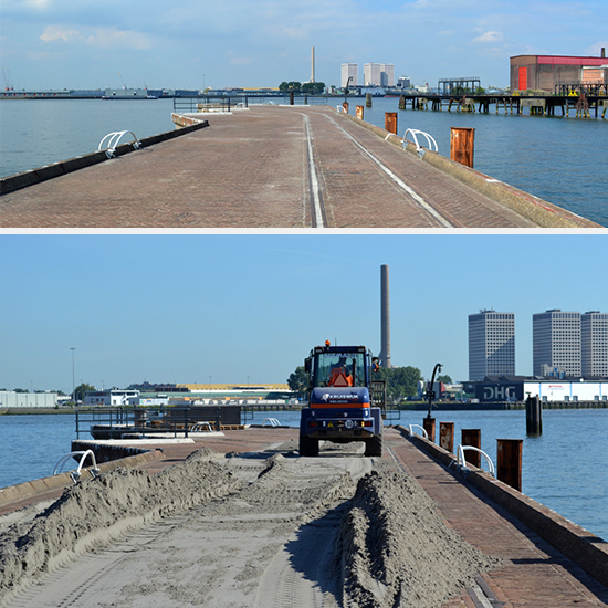 Preparations with help from Van Es Zand & Gravel BV, Kruiswijk BV on Pier 2602 at the Directiekade of the RDM. photo by: own archive